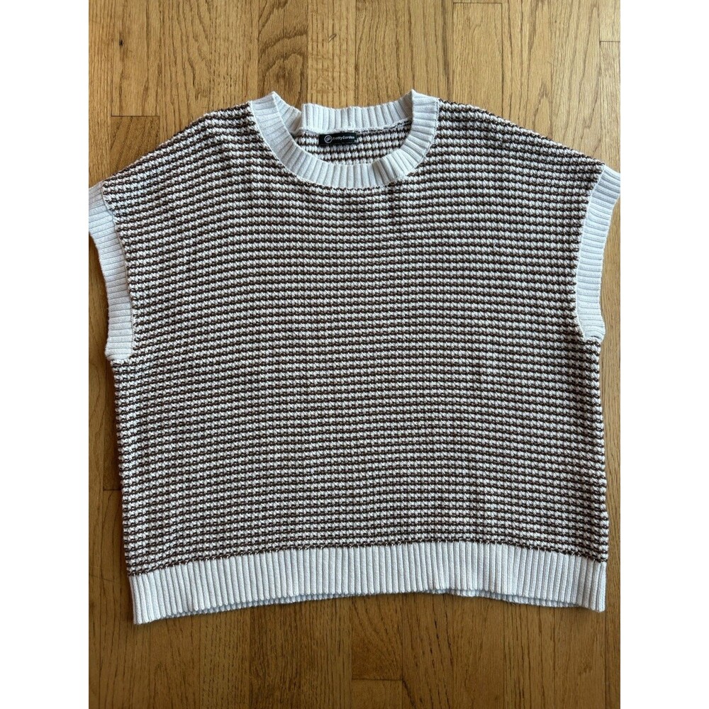 Women’s XL Brown Cream Knit Sweater Vest Crew Neck Preppy Cottagecore
